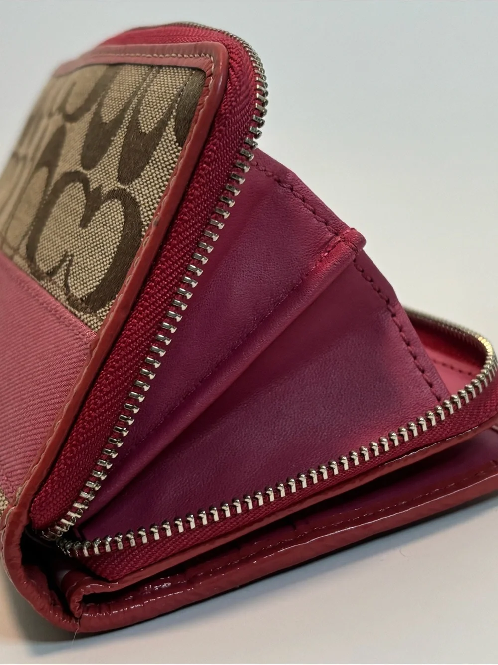 COACH ($229) Legacy Signature Zip-Around Wallet in Tan Canvas with Berry Accents